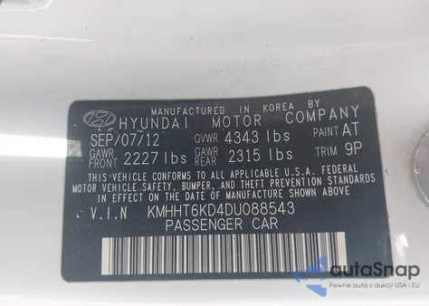 2013 Hyundai Genesis 2.0T z USA, uszkodzony, nr VIN KMHHT6KD4DU088543